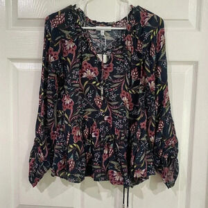 William Rast Black Purple Floral Tie Front Peasant  Blouse Ruched Sleeve Size XS